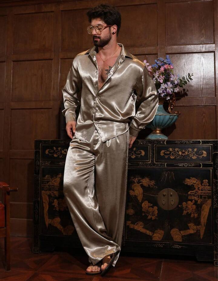 DAZY Men's Gold Satin Long Sleeve Shirt And Pants Set Vacation Casual Style Spring / Summer